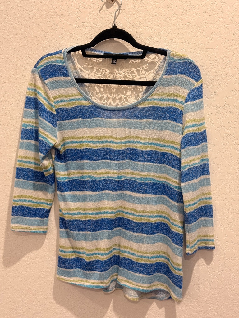 Fred David Blue White And Green Striped Knit Blouse